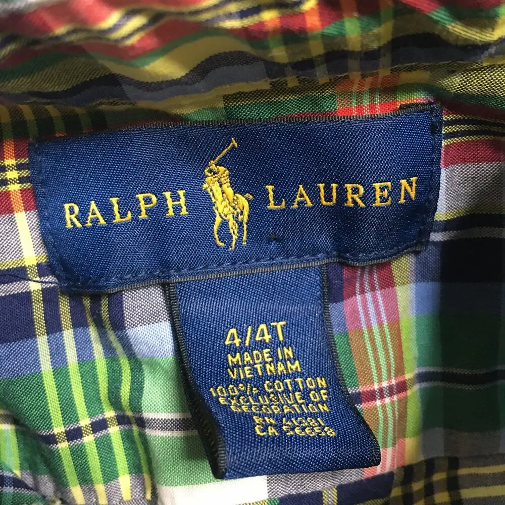 VTG Ralph Lauren Pony Shirt Boys Plaid Green Short Sleeve Embroidered Logo 4/4T